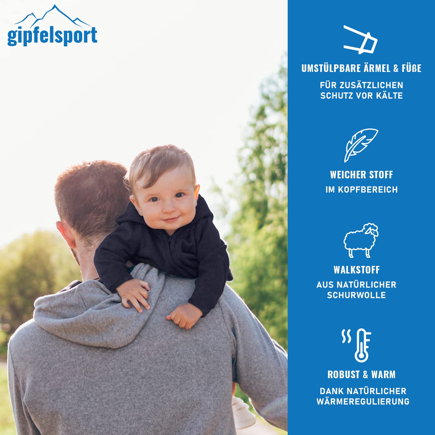 gipfelsport Wolljacke - Walkjacke mit Reißverschluss aus Natur Merino Wollfleece I Wollanzug, Wallwalkoverall aus Schurwolle für Kleinkinder, Babys