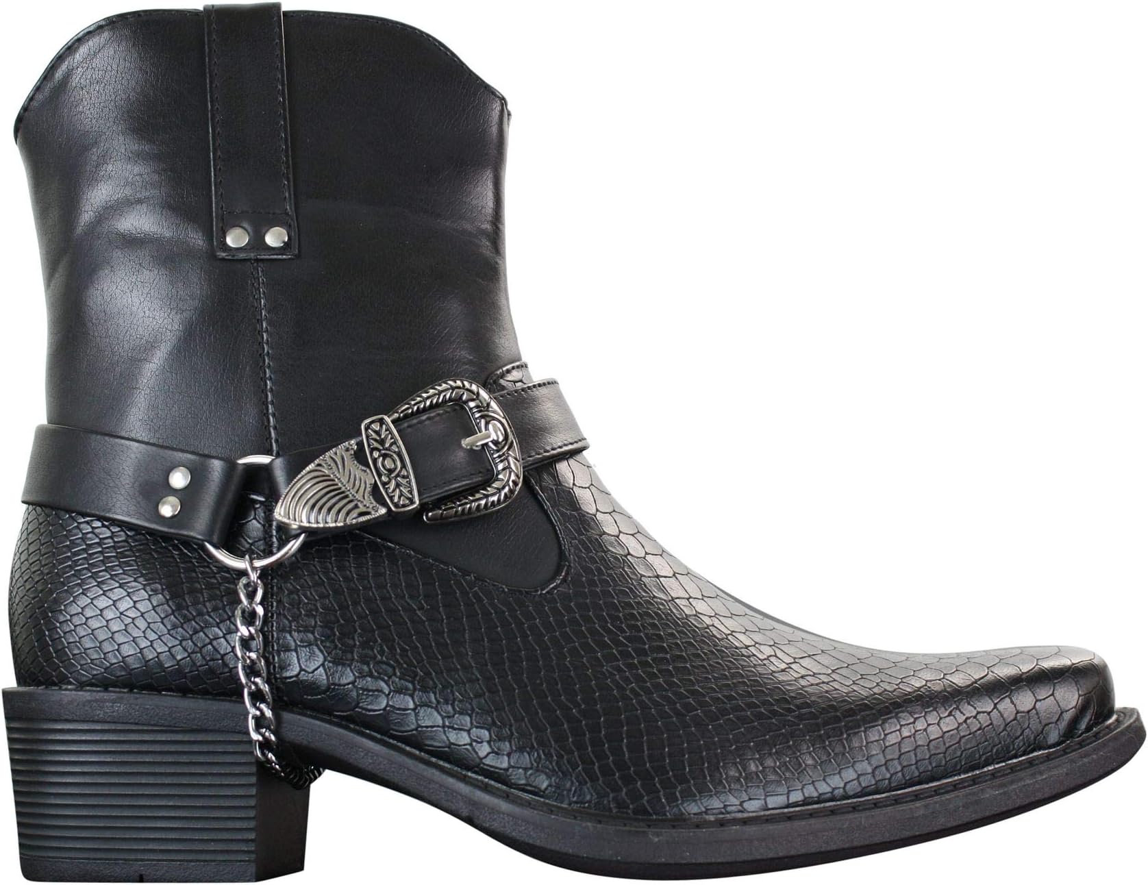 Rossellini Mens White Black Snake Leather Look Cowboy Riding Western Chain Ankle Boots