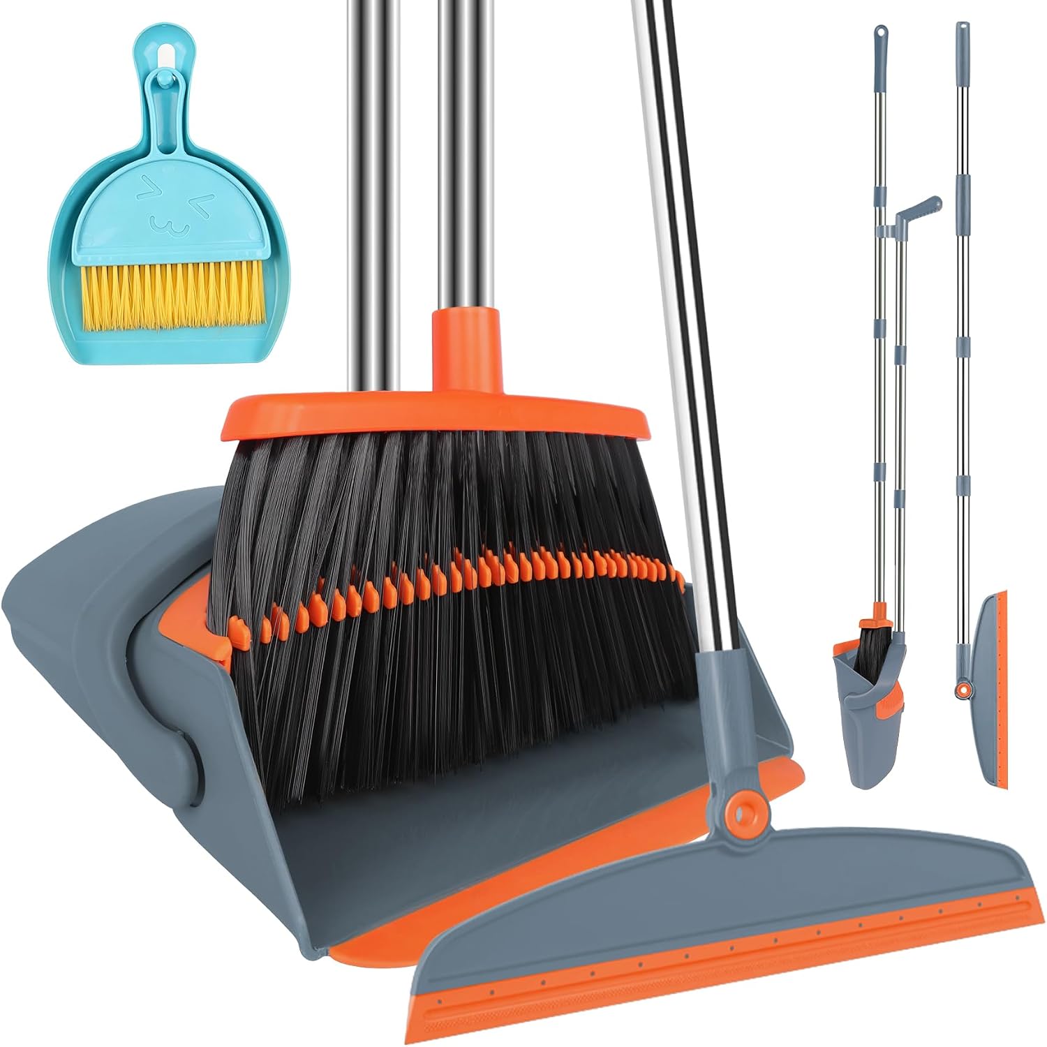 Broom with Dustpan & Floor Squeegee Set - 51" Adjustable Handle Silicone Broom for Pet Hair/Window Cleaning, Non-Scratch Household Kit, Orange