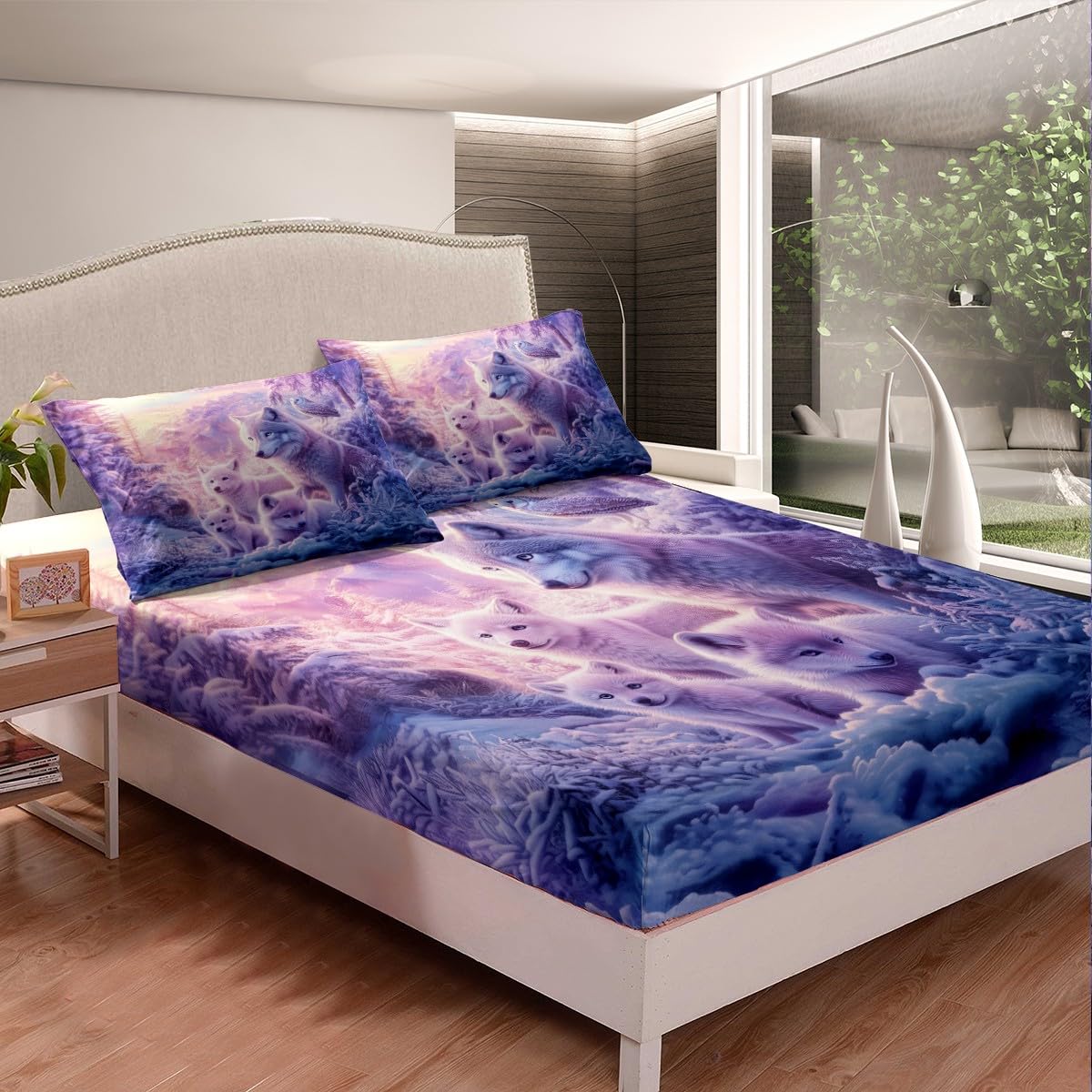 Snow Wolf Fitted Sheet Full Size,Safari Animals Sheet Set(No Top Sheet),Natural Snow Trees Bedding Set(1 Fitted Sheet+2 Pillow Cases),Woodland Cool Wildlife Bed Cover Boys Girls Bedroom Decor