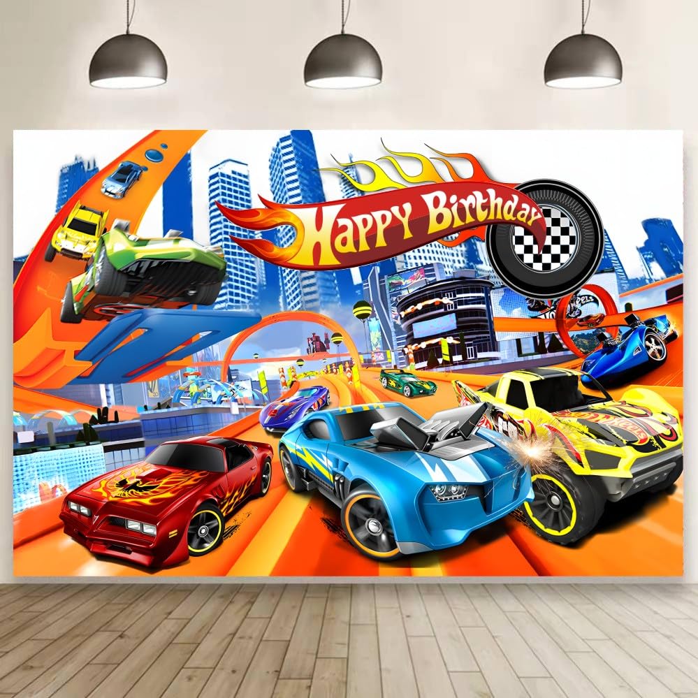 Hot Birthday Party Decorations, 5x3ft Happy Birthday Back drop Banner Theme Backdrop Banner for Wheels Party Decorations Indoor Outdoor.