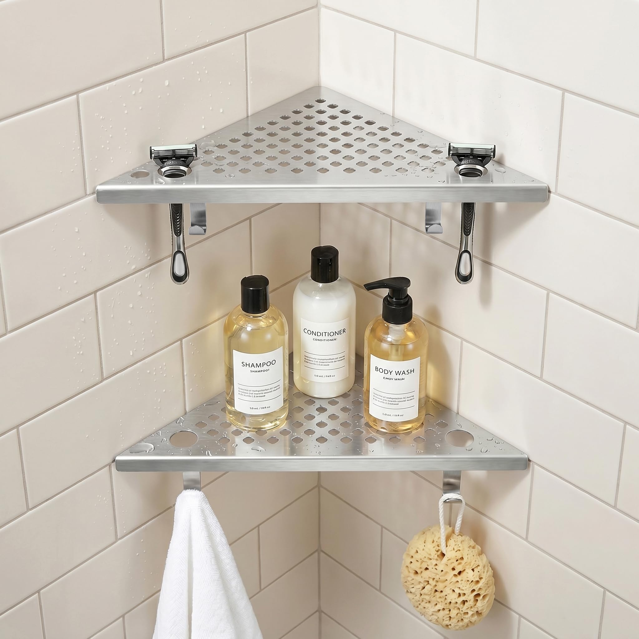 Photo 1 of Glimflorus Corner Shower Shelf Brushed Nickel Wall Hooks Tile - 2 Pack