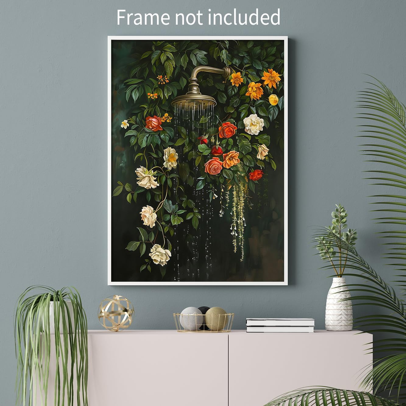 FuSatisYilife Dark Green Floral Bathroom Wall Art Vintage Flower Botanical Poster Moody Wildflowers Plant Canvas Prints Bath Shower Wall Decor for Rustic Restroom 24x36 inch Unframed