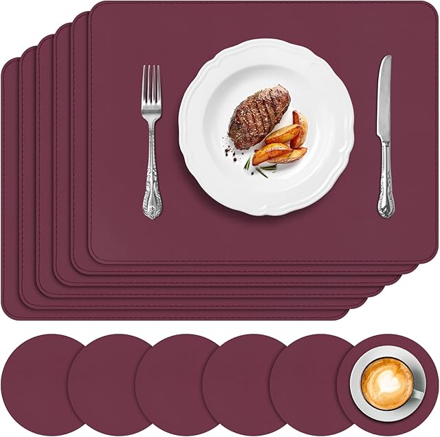 APLKER Placemats and Coasters Set of 6, Heat Insulation PU Leather Table Mats Non-Slip Washable Waterproof Kitchen Dining Place Mats for Home Restaurant Hotel (Burgundy)