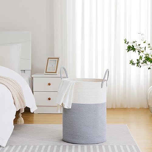 Miniatura 4 de VIPOSCO Cesta de lavandería grande, cesta de almacenamiento de cuerda tejida alta para mantas, juguetes, ropa sucia en la sala de estar, baño,