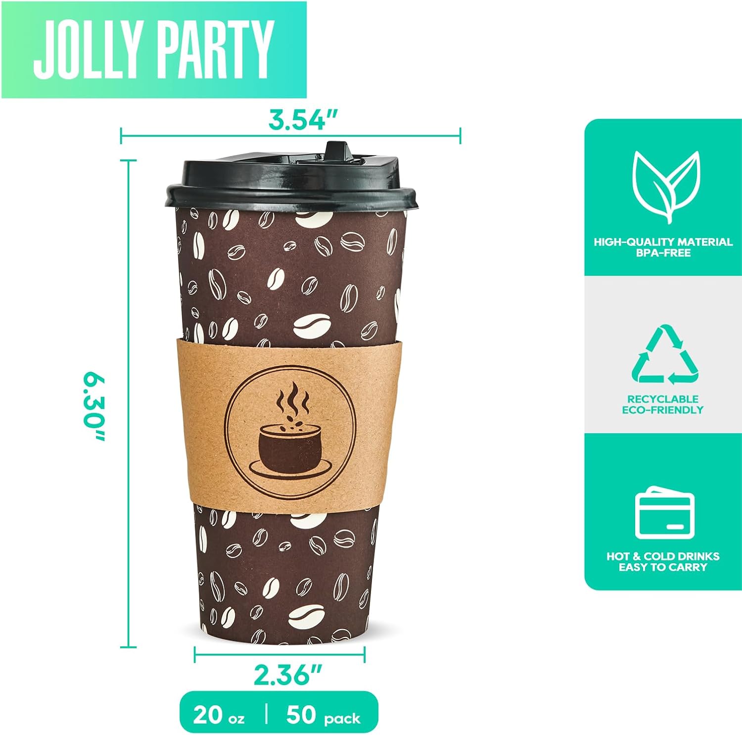JOLLY PARTY Disposable Coffee Cups with Lids, Sleeves and Straws - 20oz(50 Pack) Paper Cups with Lids, Hot Coffee Cups for Shops, Cafes, and Concession Stands(Dark Brown) - Image 2