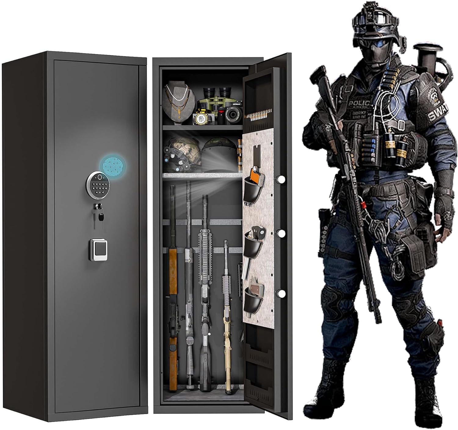Gun Safe for Rifles and Pistols, 10-15 Large Gun Cabinet Gun Safes for Home Adjustable Rack and Biometric Fingerprint Locking Cabinet, Fireproof, No Assembly Required (13.8"W×11.8"D×57.1"H)