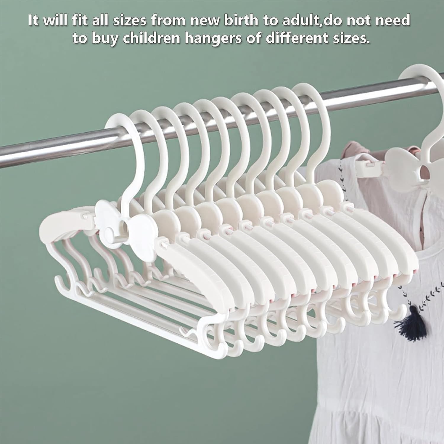 WJWSKI Grucce appendiabiti per bambini, 29 – 37 cm, 20 pezzi, impilabili, con supporto per pantaloni, salvaspazio, in plastica antiscivolo, per bambini (bianco)