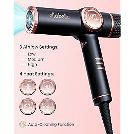 ELLA BELLA Professional Ionic Hair Dryer with Diffuser  Negative Ion Blow Dryer  Suitable All Hair Types  Intelligent Heat Control & Rapid Drying Speeds  Lightweight Design  Low Noise Technology