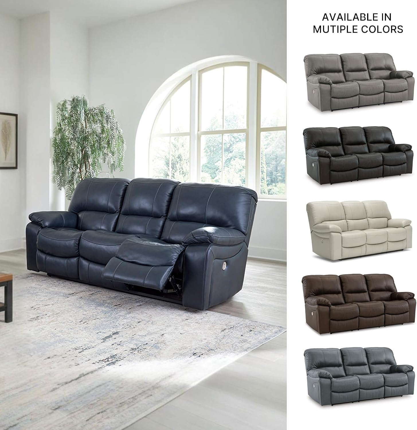 BOWERY HILL Contemporary Power Reclining Sofa, Ocean Faux Leather and Genuine Leather Match, 88" W x 41" D x 41" H, USB Ports, Zero-Gravity Mechanism, Attached Cushions, Pillow Top Arms, Metal/Wood