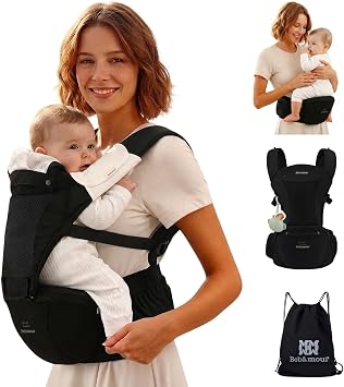 Bebamour Baby Carrier Newborn to Toddler Baby Carrier Hipseat 0-36Months with Head Hood, 3 PCS Teething Pads, Waist Extender, Storage Bag & Pacifier Case Black