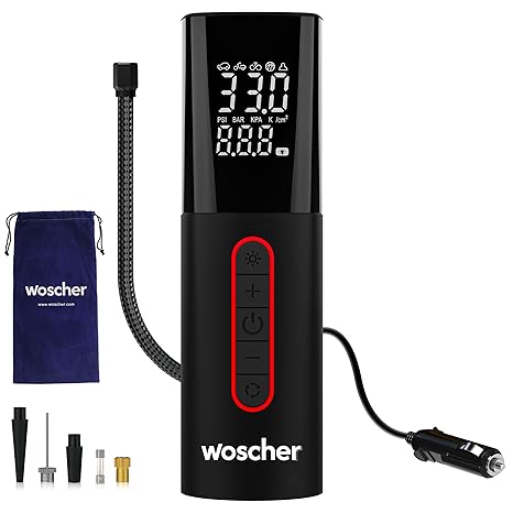 Woscher Tallboy Wired Digital Tyre Inflator for Car & Bike | 150 PSI | Auto Shut-Off | Digital Display | LED Light | DC 12V Portable Air Pump