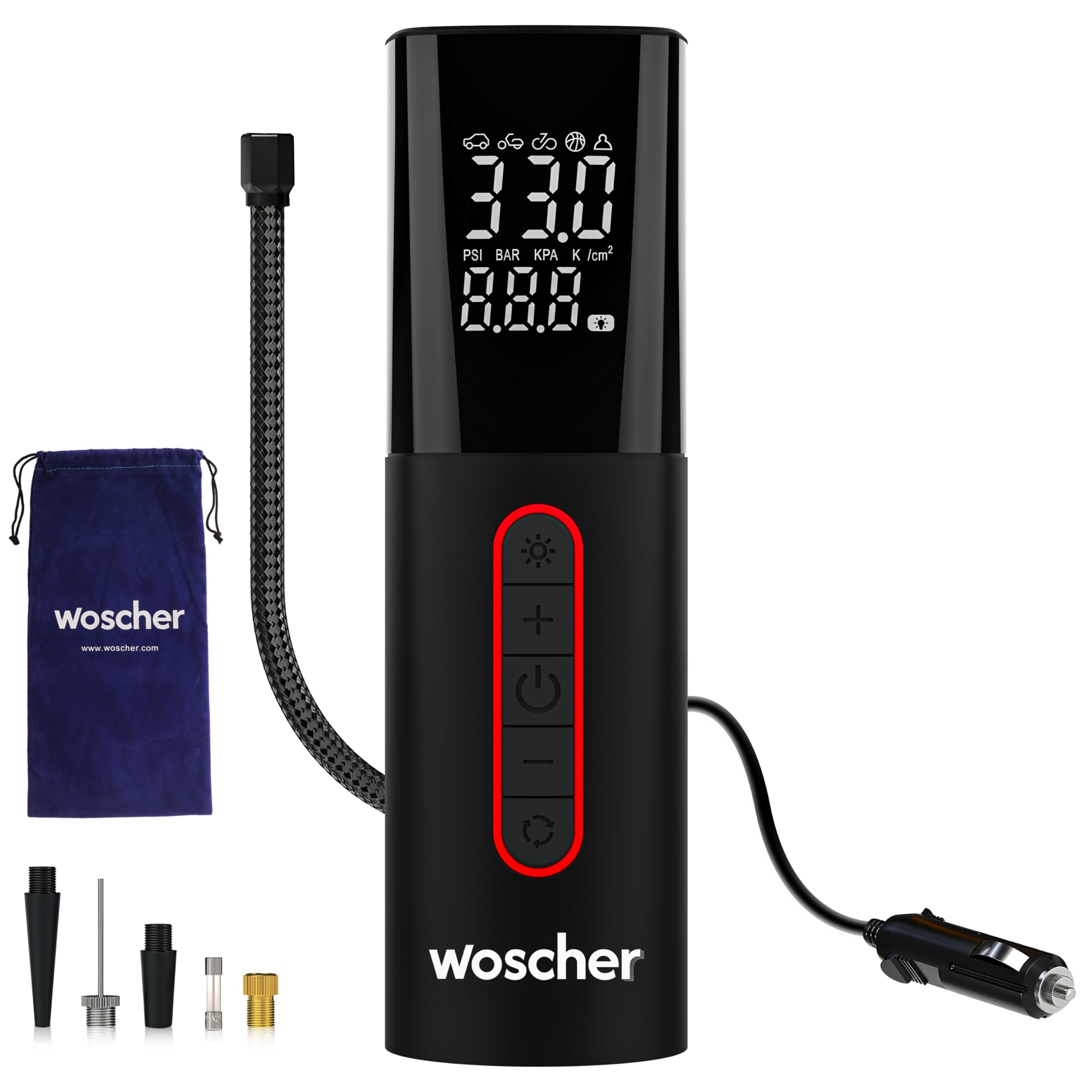 Woscher 501 Digital Tyre Inflator for Car & Bike | 150 PSI | Auto Shut-Off | Digital Display | LED Light | DC 12V Portable Air Pump-image-46
