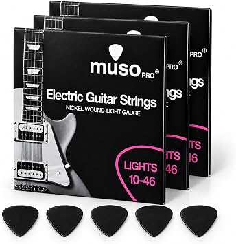 Electric Guitar Strings, 3 Pack, 10-46 Light Gauge, with 5 Free Picks Nickel Wound, Bright Balanced Tone.
