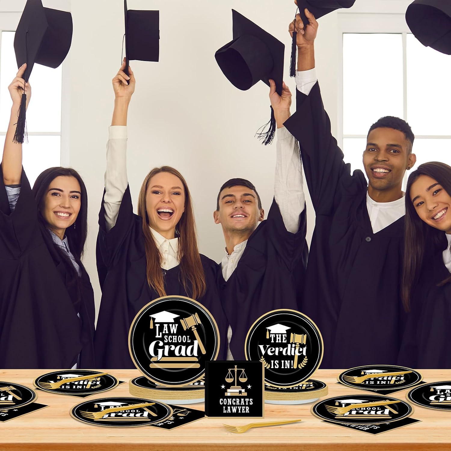 96PCS Law School Graduation Party Supplies Lawyer Congrats Grad Paper Plates and Napkins Black and Gold Congratulate Disposable Dessert Tableware for Class of 2026 Graduation Decor for 24 Guests