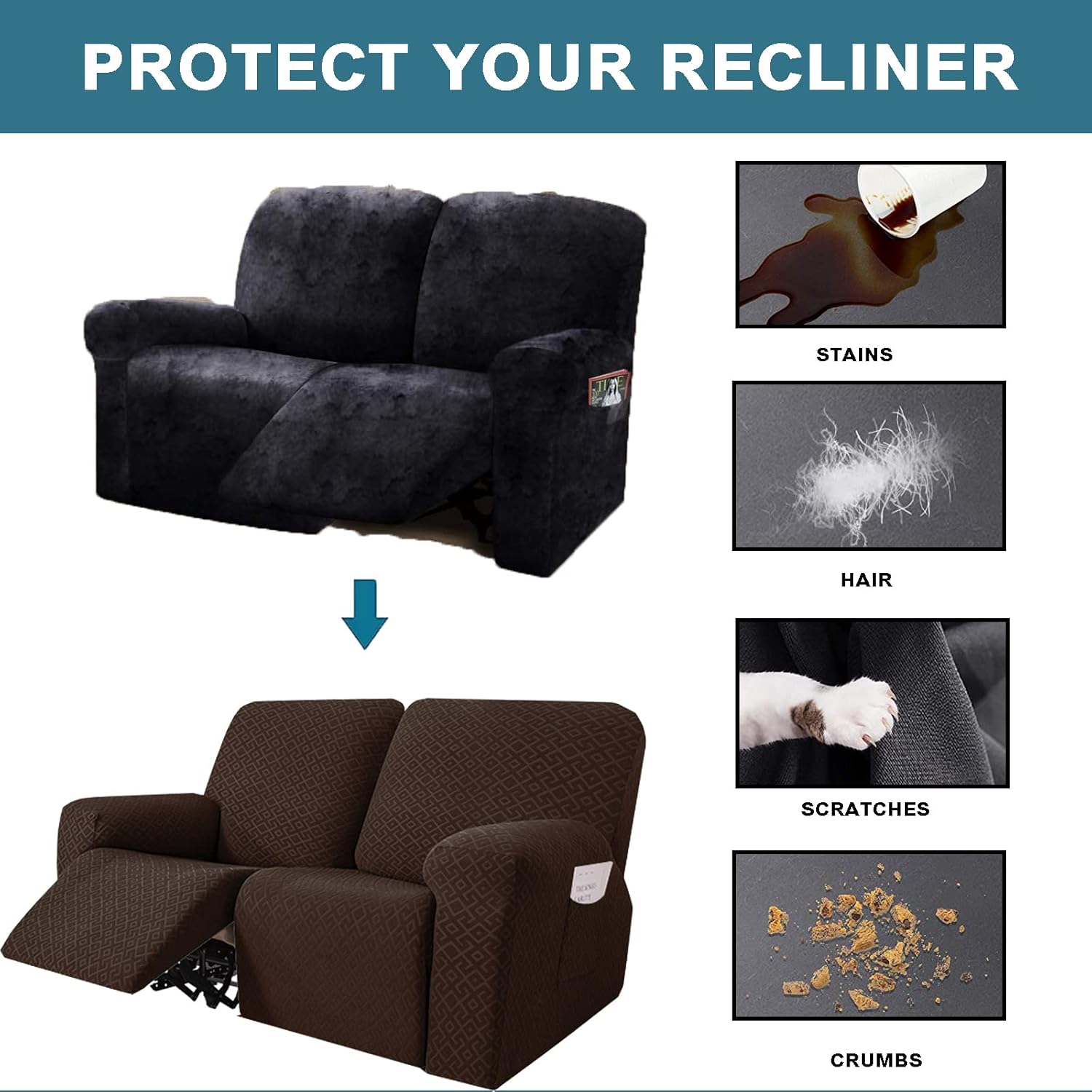 Stretch Knitting Recliner Cover, Soft Relax Recliner Chair Cover Spandex Fitted Cover for Recliner Chair with Pocket -White-6 Pieces