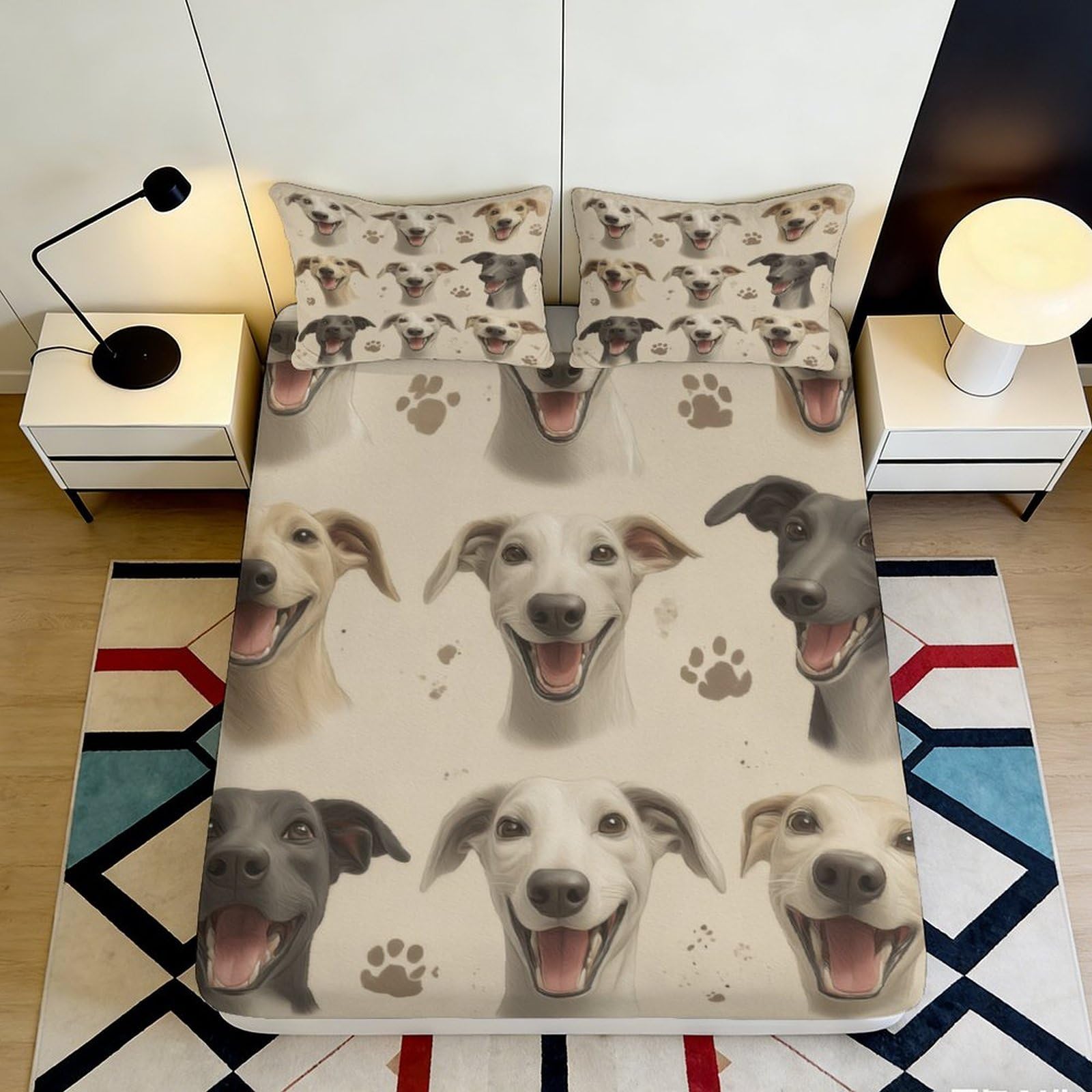 3D Printed Happy Dogs Fitted Sheet Microfiber Soft Durable Smiling Dog Faces Bed Cover for Bedroom Dormitory Guest Room Mattress Protection 200x200x25cm