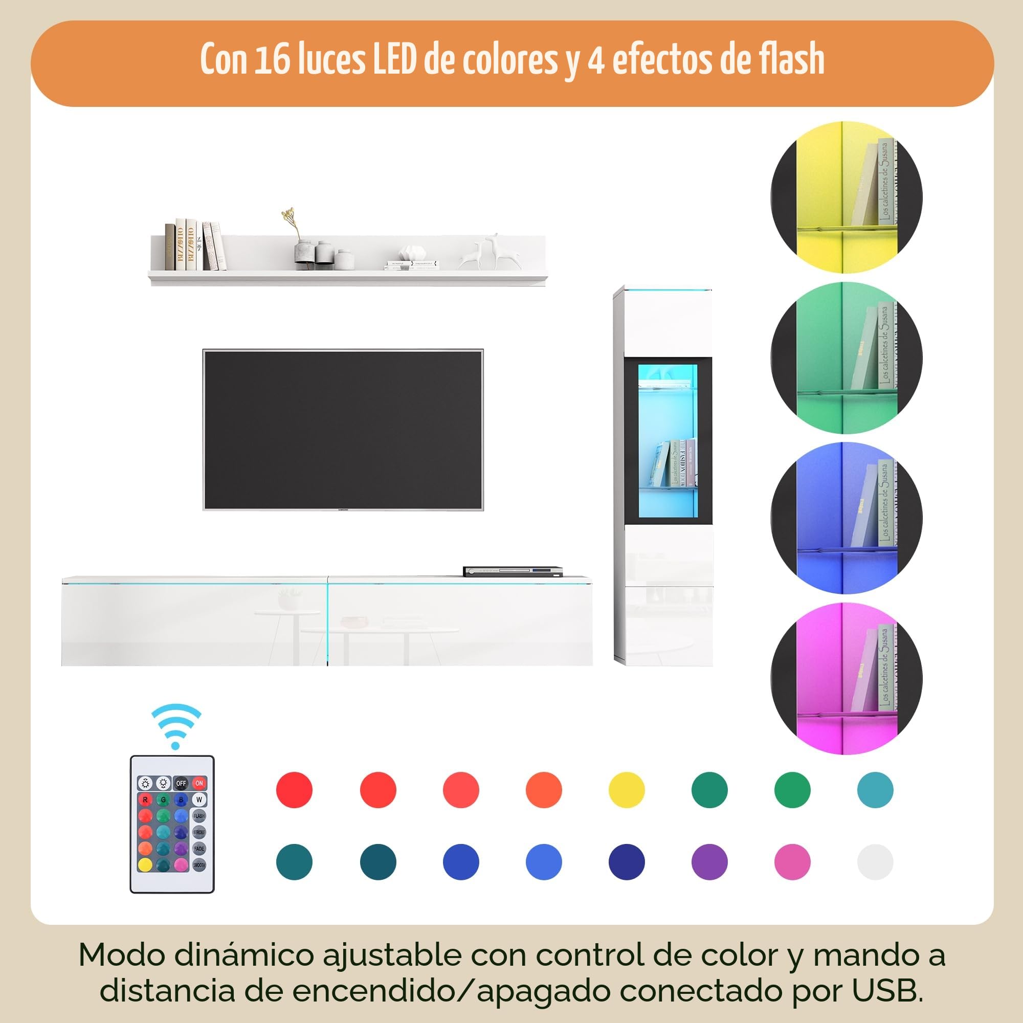 Juego de 3 muebles de salón para TV, iluminación LED, color blanco brillante, mueble de salón, pared frontal, color blanco, 1 armario para TV, 1 vitrina de salón, 1 estante colgante (A)