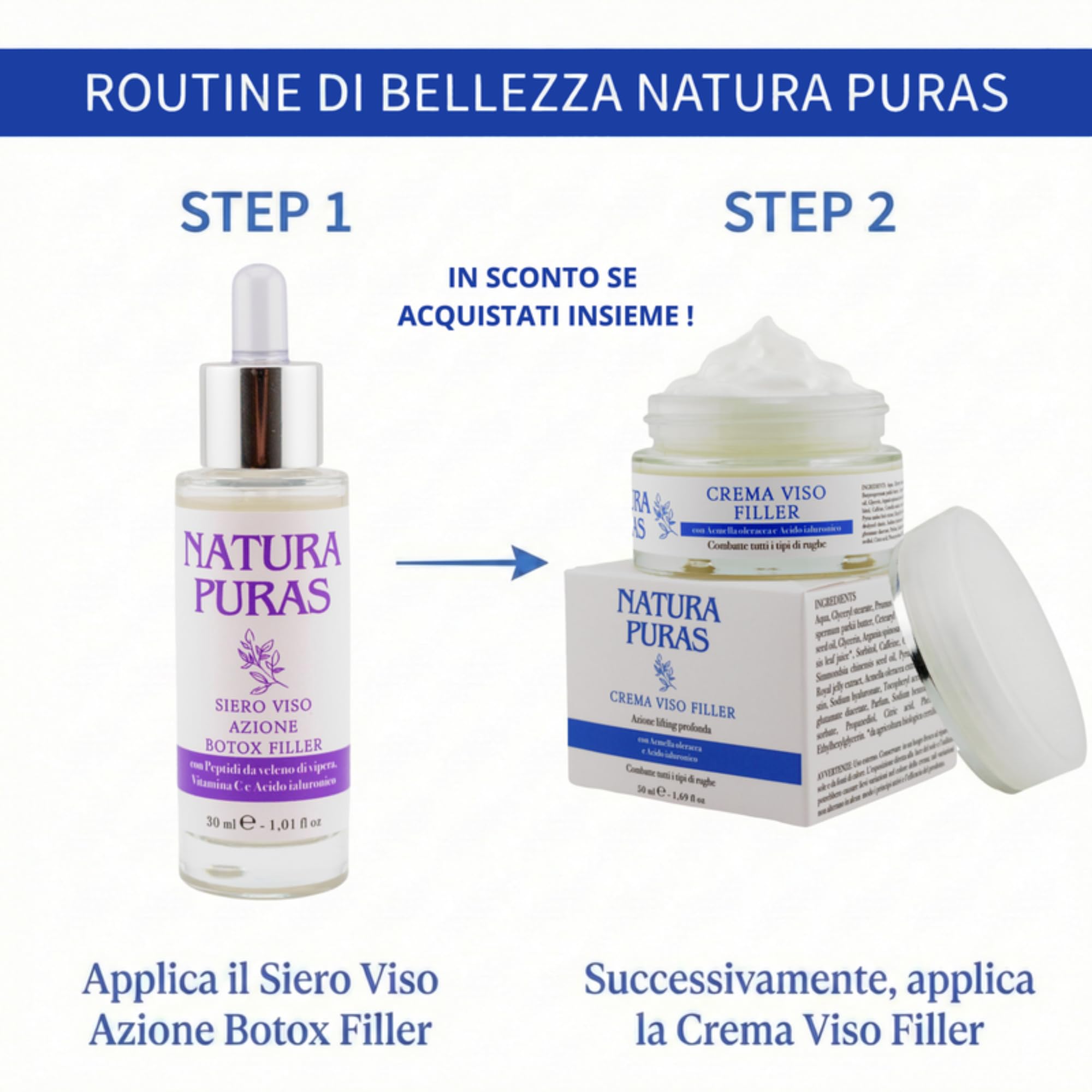 Crema Viso Antirughe Effetto Filler e Lifting, 50ml NaturaPuras | Triplo Acido Ialuronico Multipeso, Acmella Oleracea e Caffeina, Rimpolpante, Per Pelle Matura Over 40 e Over 50