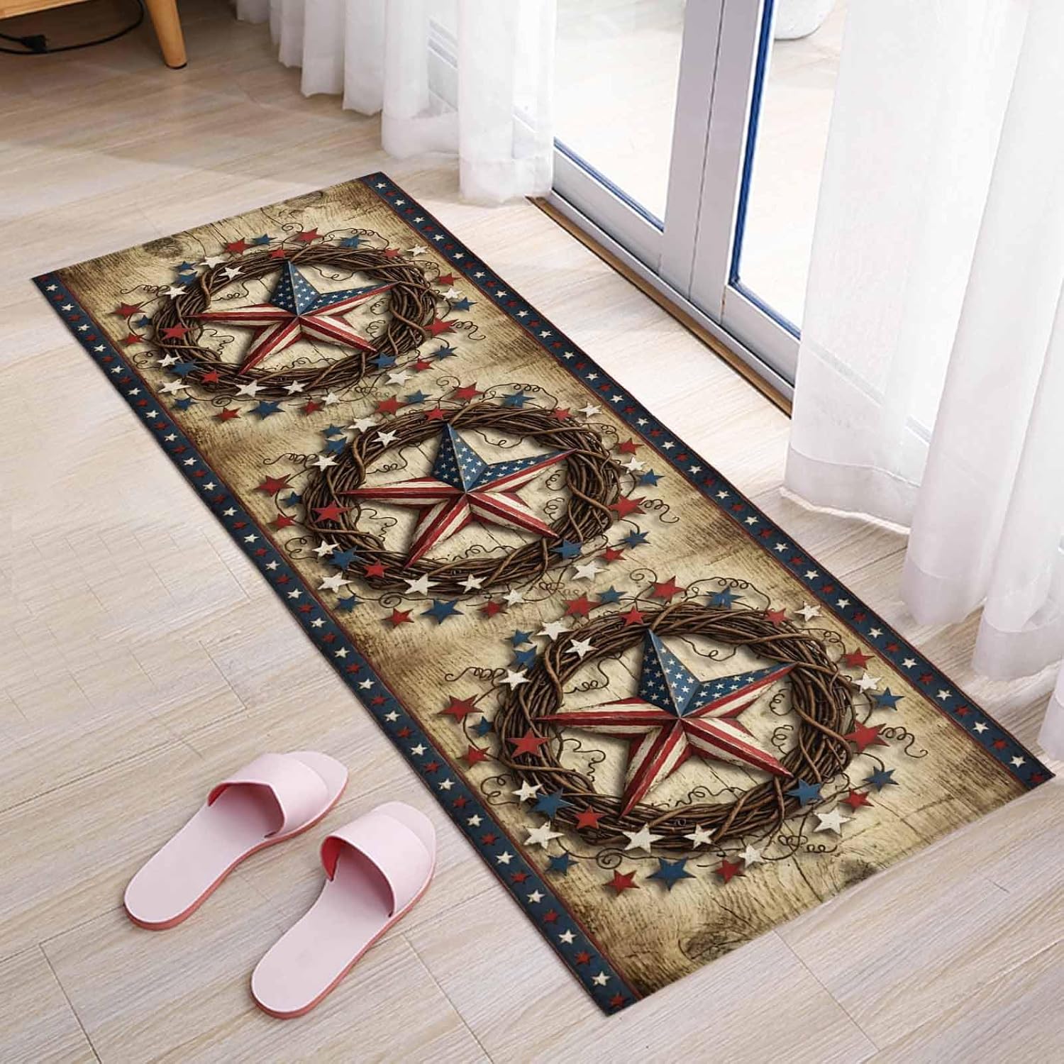Teamery Kitchen Mats for Floor Independence Day 250th Anniversary Washable Non Slip Kitchen Rugs 1PCS, Rustic Star Wreath Absorbent Standing Mats for Sink Bathroom Office Living Room 23.6x70.9in