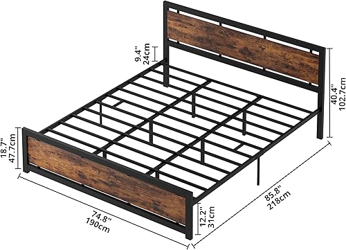 Miniatura 46 de LIKIMIO - Base de cama de plataforma tamaño King con cabecera de madera estilo industrial y 12 fuertes patas de metal de soporte, fácil de montar,