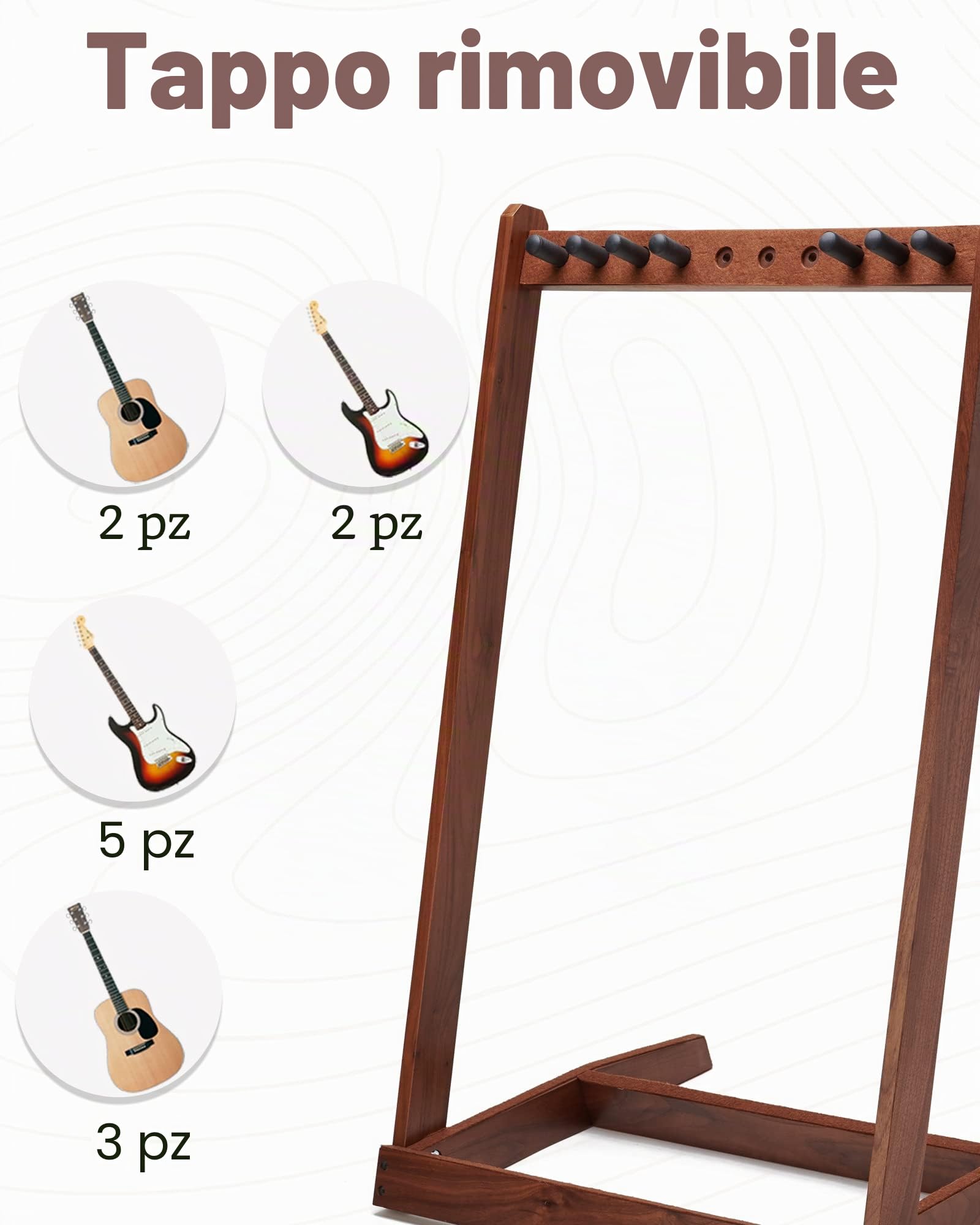 Supporto per chitarra multipla in legno duro (3 chitarre acustiche, 5 elettriche o basse), 5 supporti per chitarra da uomo, pieghevole, da pavimento, per studio e casa