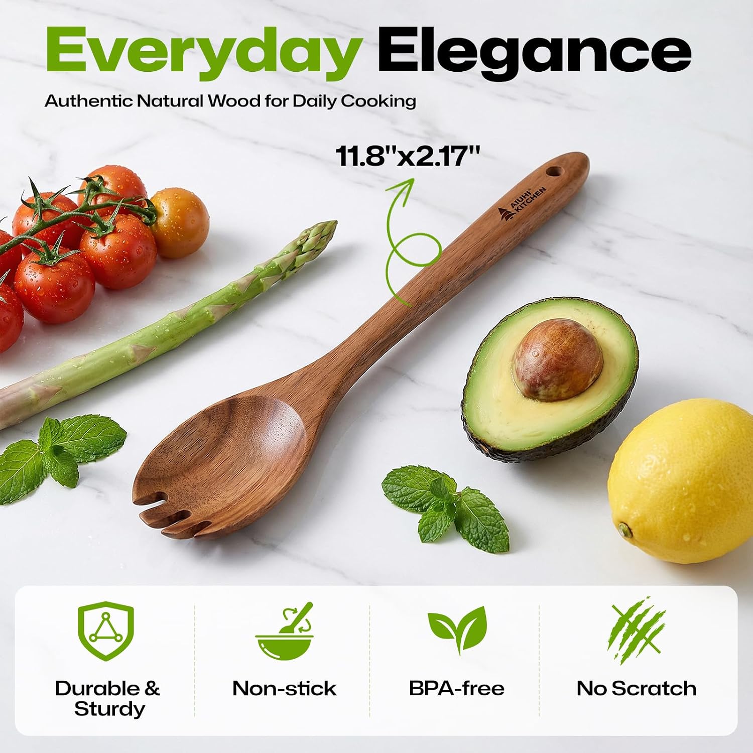 AIUHI Wooden Salad Spoon Fork, 2-in-1 Teak Wood Cooking Utensil, Long Handle Non-Stick Safe Pasta Server for Mixing Tossing Serving Salad Pasta and Fruits