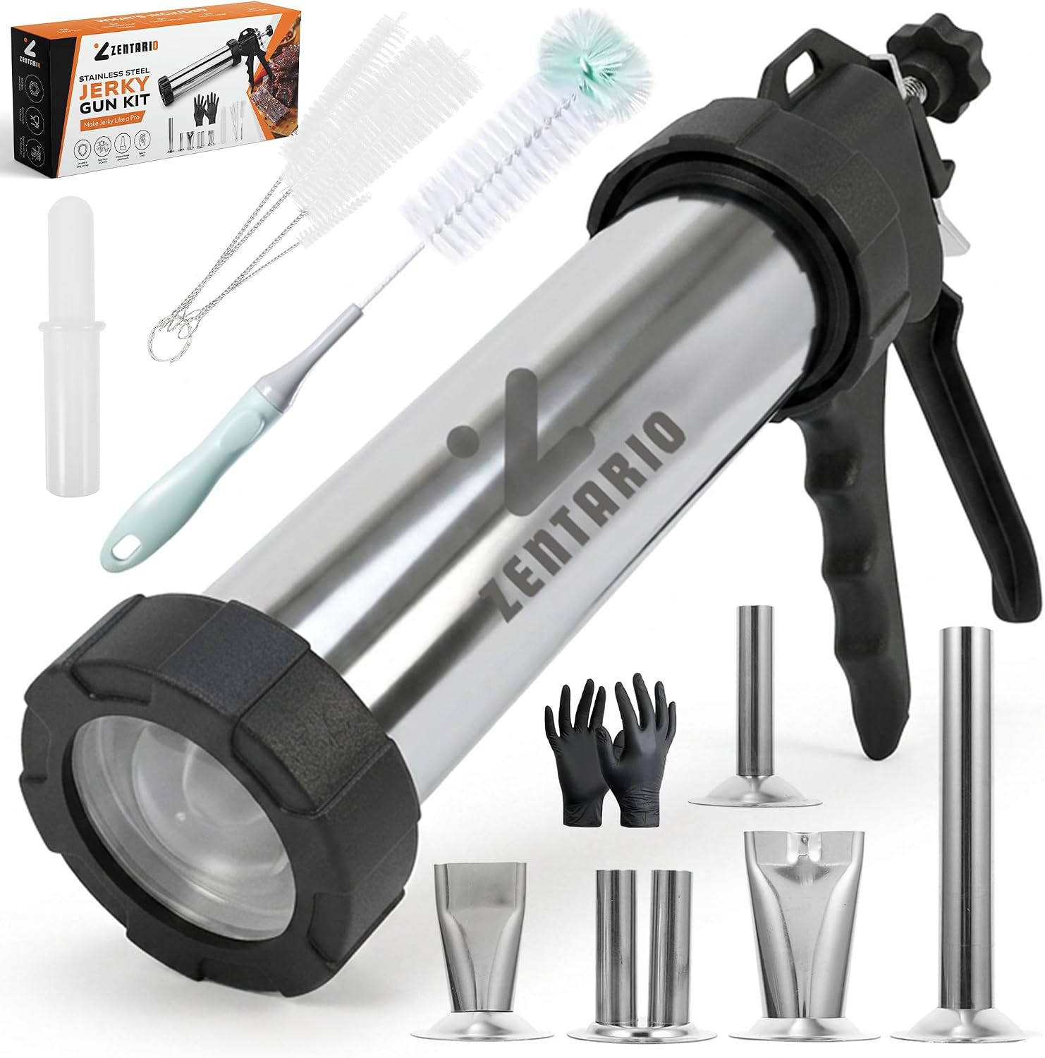 Jerky Gun Kit for Ground Meat - Stainless Steel Beef Jerky Maker, Jerky Cannon, Meat Gun with 5 Nozzles, 5 Brushes & Meat Pusher | Snack Stick & Beef Stick Making Kit