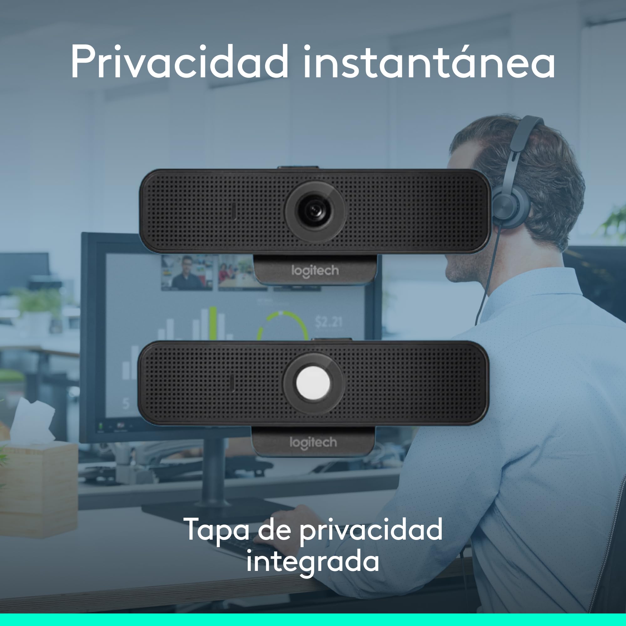 Logitech C925e, Webcam empresarial, Video HD 1080p/30fps, corrección de luz, Enfoque automático, Audio Claro, Obturador de privacidad, para Microsoft Teams, Google Meet, Skype, WebEx, Cisco - Negro