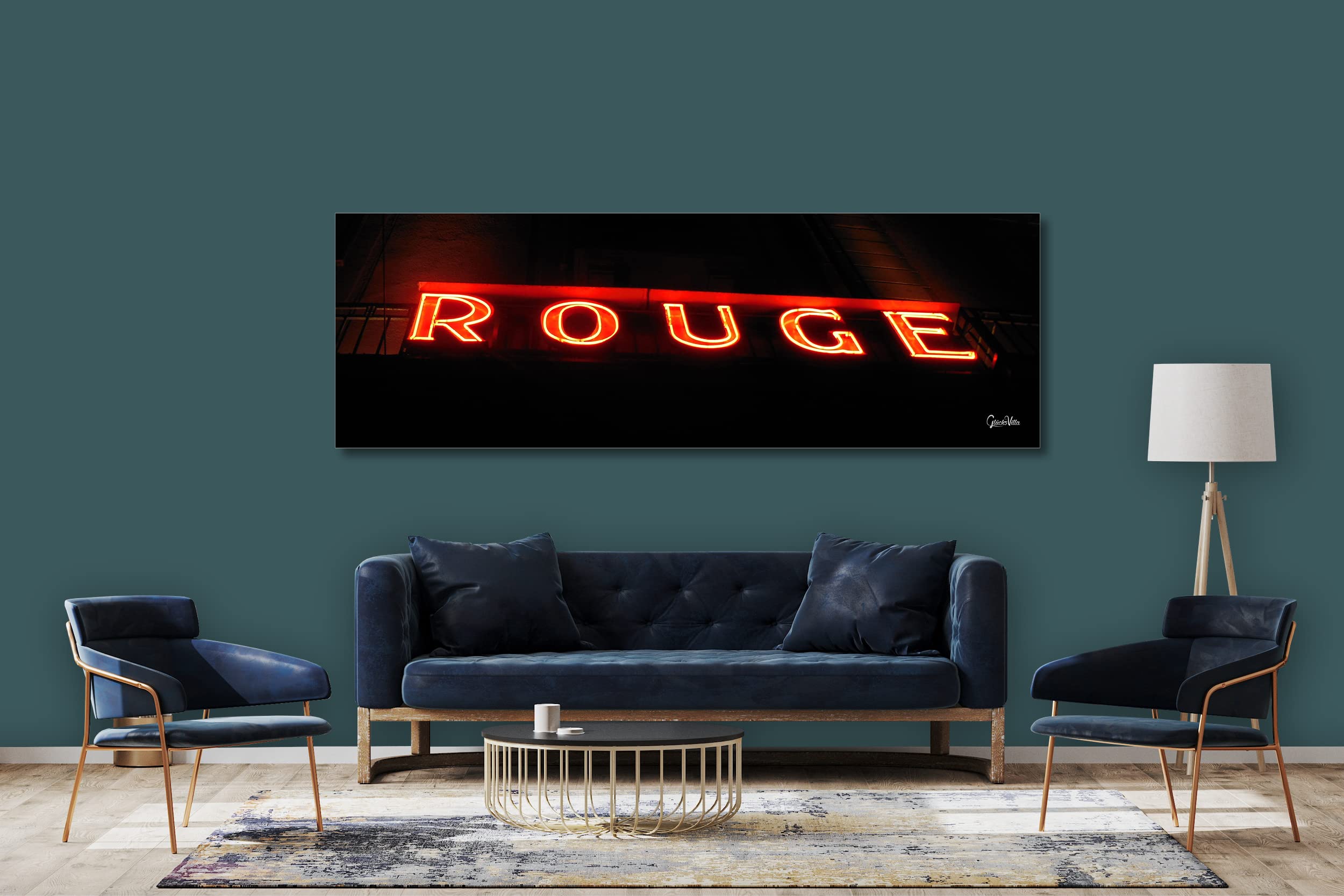 Glücksvilla - Rotes Rouge (Echtglas + Acryl 4 mm, 90 x 30 cm) | div. Maße - aus DE - Kunstdruck XXL Deko Wandbild quer - Hotel Reklame Leuchtschrift Schild Buchstabe