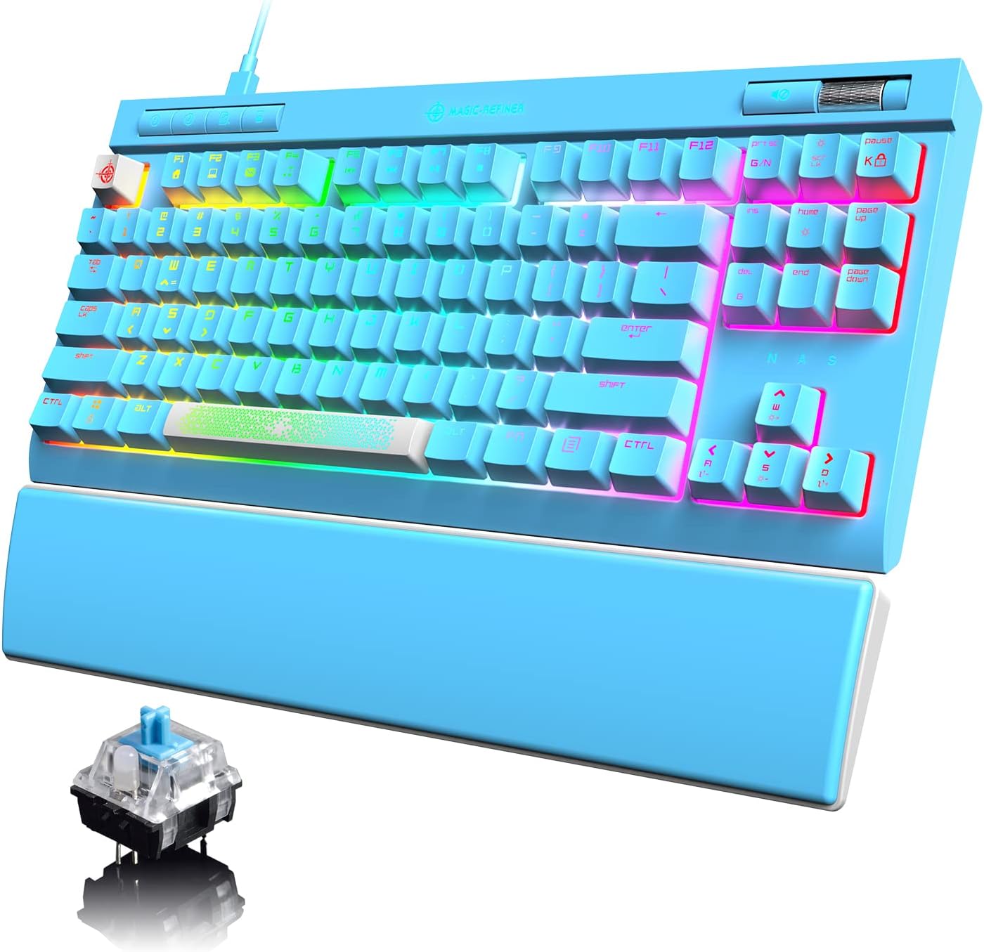 RGB Mechanical Gaming Keyboard, 18 Chroma RGB LED Backlit Blue Switches 87 Keys Wired Mechanical Keyboard with 5 Independent Multimedia Controls & Volume Wheel, Full keys Anti-ghosting for PC -Blue