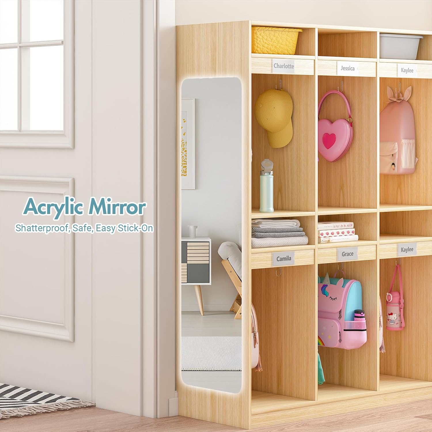 Kikihouse 10-Section Classroom Coat Locker with 10 Cubbies, Daycare Cubbies with 20 Hooks and Acrylic Mirror, Kindergarten Lockers for Home, School, Nursery
