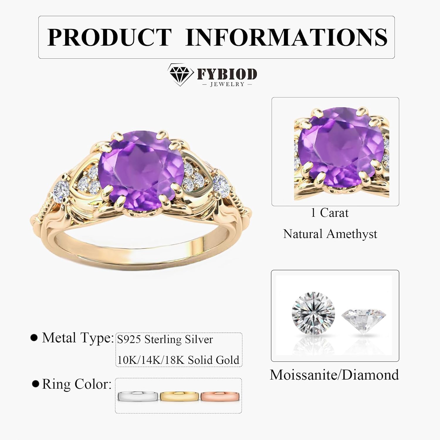 10K 14K 18K Gold Round Cut Amethyst Vintage Ring for Women 1 Carat Natural Amethyst and Moissanite/Diamond Promise Statement Anniversary Ring for Her