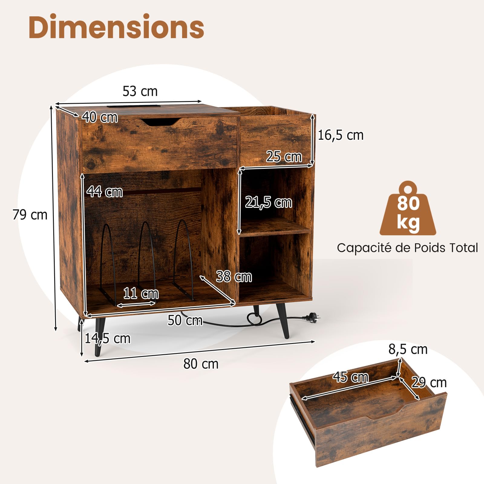 COSTWAY Meuble Tourne-Disque Vinyle avec Prise, Armoire Commode Vinyle avec Tiroir, 2 Prises, 1 USB, 1 Type-C, 2 Kits Anti-basculement, Support Tourne-Disque pour Salon, Chambre,