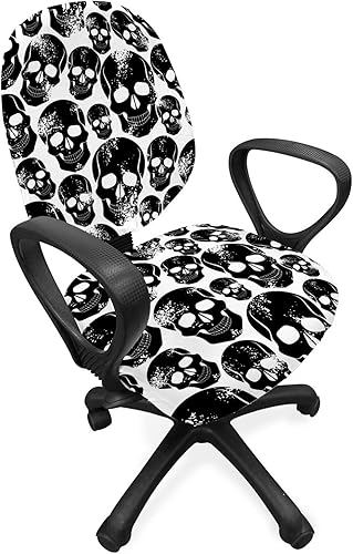 Ambesonne Funda para silla de oficina gótica, calaveras humanas negras grunge sobre fondo blanco, hombres malvados temen, horror y muerte, funda