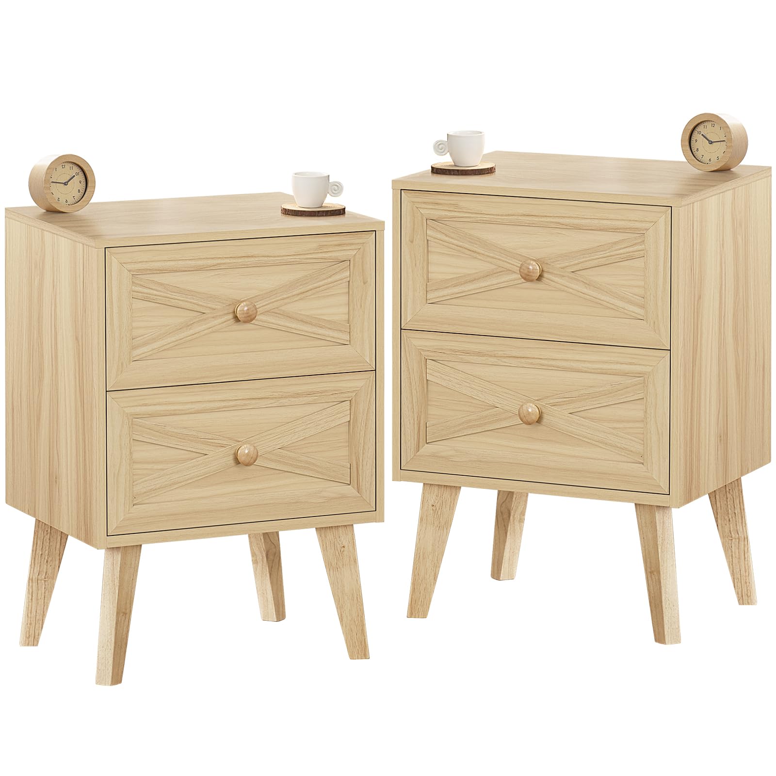 Lerliuo Nightstand Set of 2, Natural End Table with 2 Drawers Barn Door Decorated, Mid Century Modern Night Stand, Bed Side Table with Storage, Solid Wood Legs Cabinet Dresser for Living Room, Bedroom