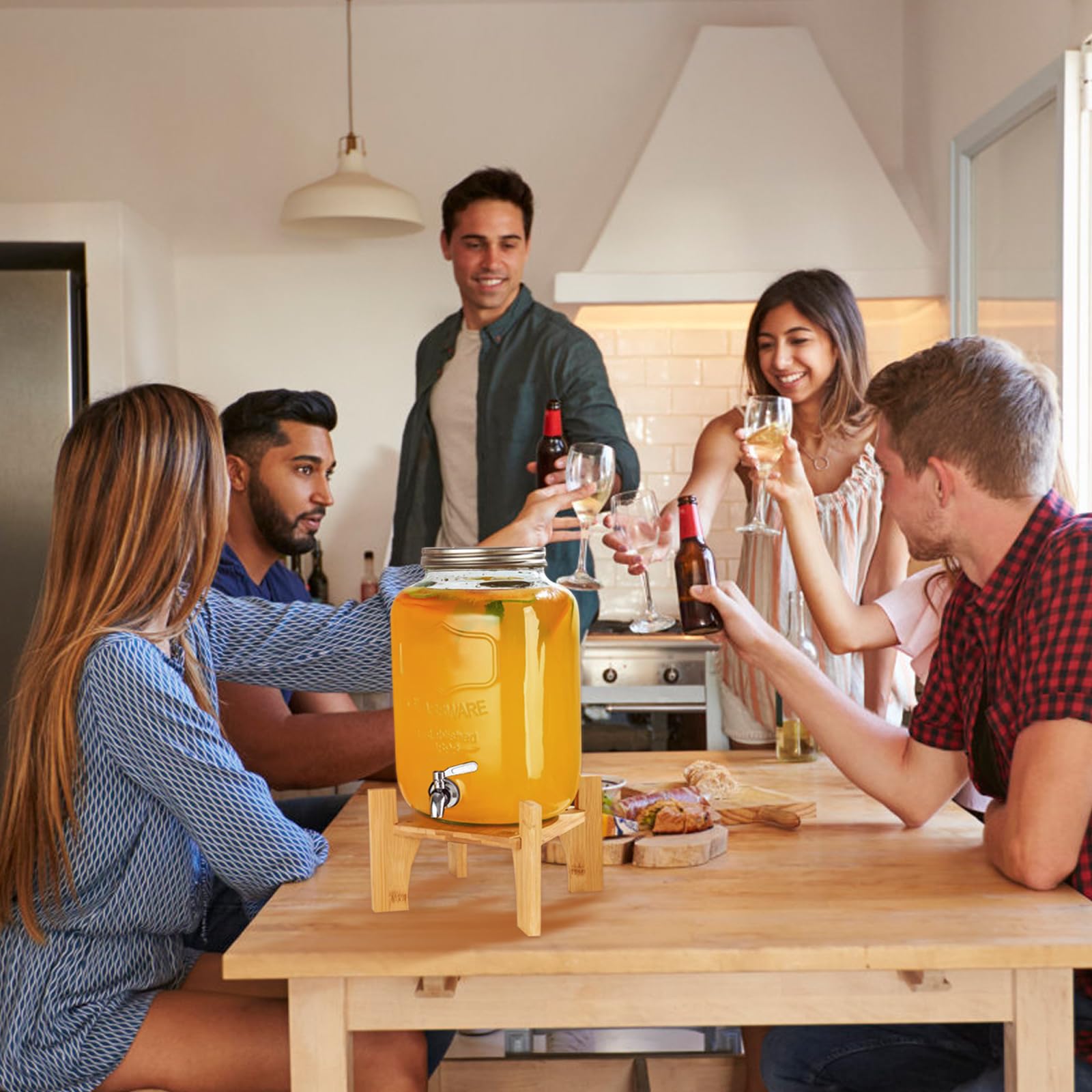 Dispensador De Bebidas De Vidrio De 1 Galón Con Grifo De Acero Inoxidable Y Soporte De Bambú - Ideal Para Fiestas