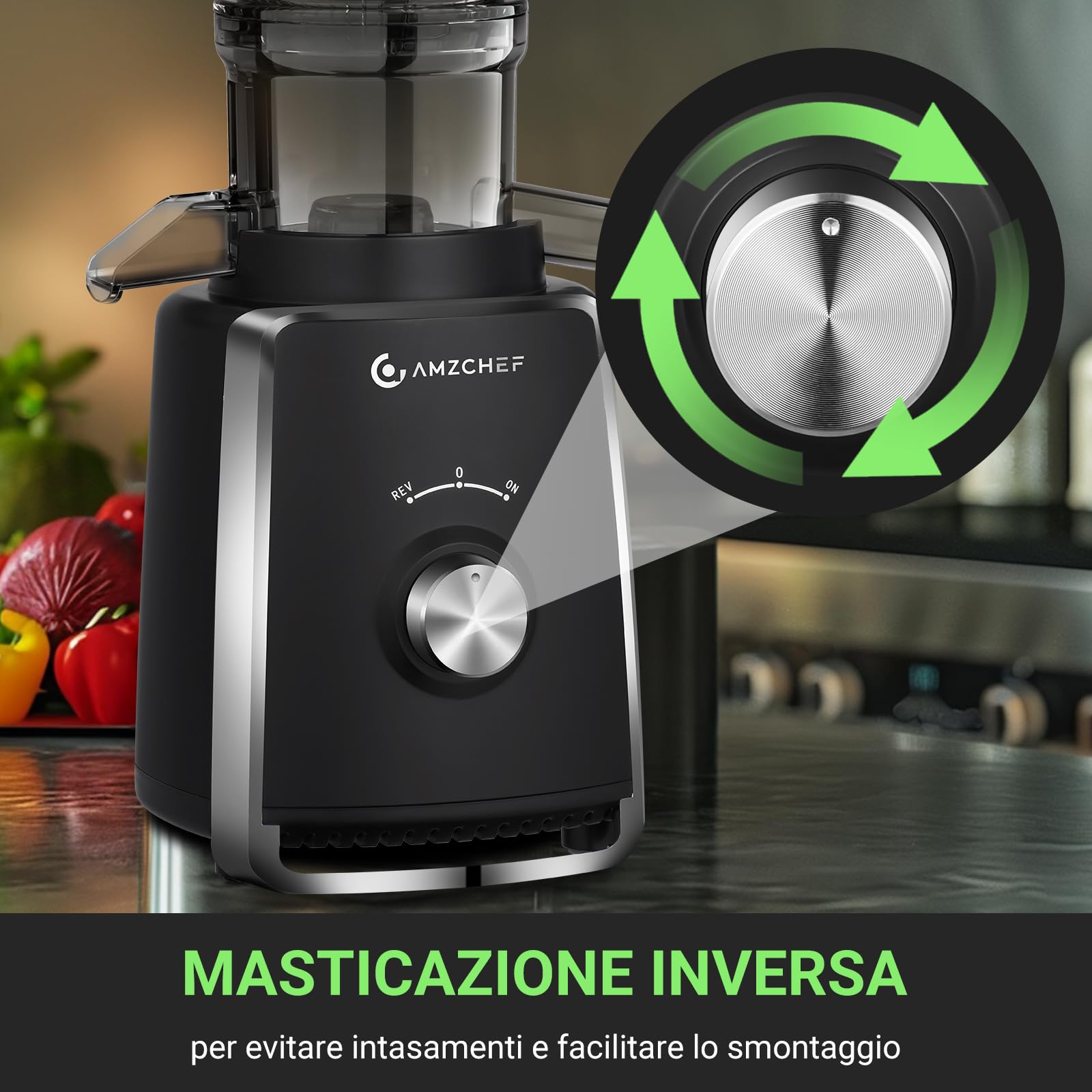 AMZCHEF Estrattore con 2 Filtri Brevettati ANTI-intasamento per Frutta e Verdura Morbida e Dura con Elevata Resa in Succo - Estrattore Frutta e Verdura con Apertura 103 mm per Frutta Intera - Nero