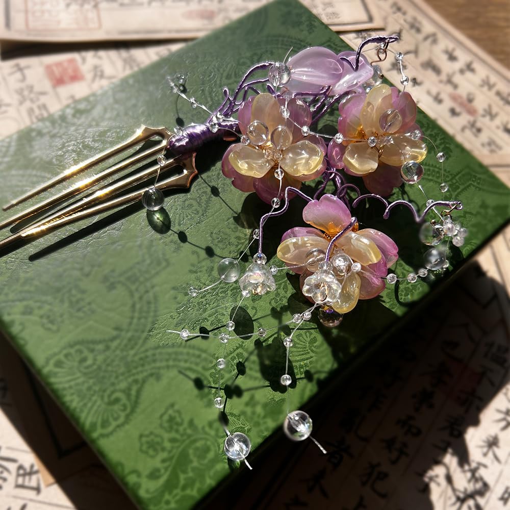 Purple Jasmine Hairpin Chinese Hanfu and Han Style Hair Retro Flower with Metal Handmade Hair Clip Hair Accessories for Women Girls Long Hair (Purple Jasmine Flower)