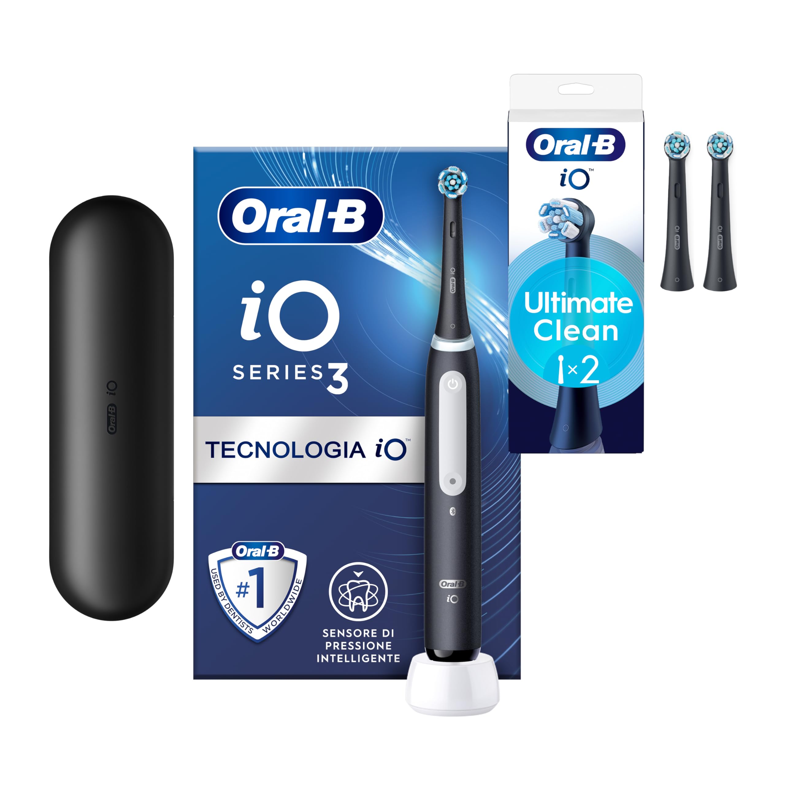 Oral-B Spazzolino Elettrico iO 2 Nero con 1 Testina + 2 Testine Oral B di Ricambio iO Series Ultimate Clean Nere, 3 Ricambi Spazzolini Elettrici, Custodia da Viaggio, Nero + 3 Testine