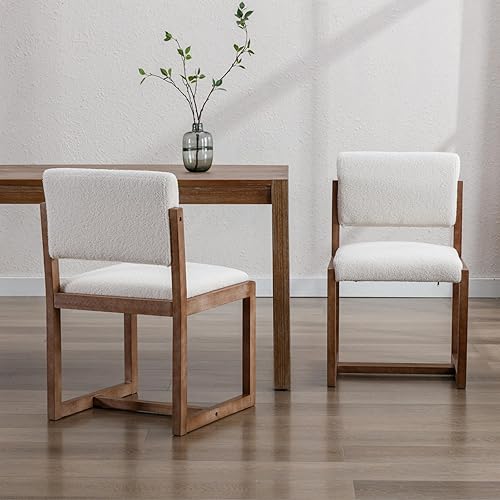 Miniatura 4 de HEAH-YO Juego de 2 sillas de comedor tapizadas de tela de lino con respaldo, cómodas sillas sin brazos con patas de madera para cocina, color beige