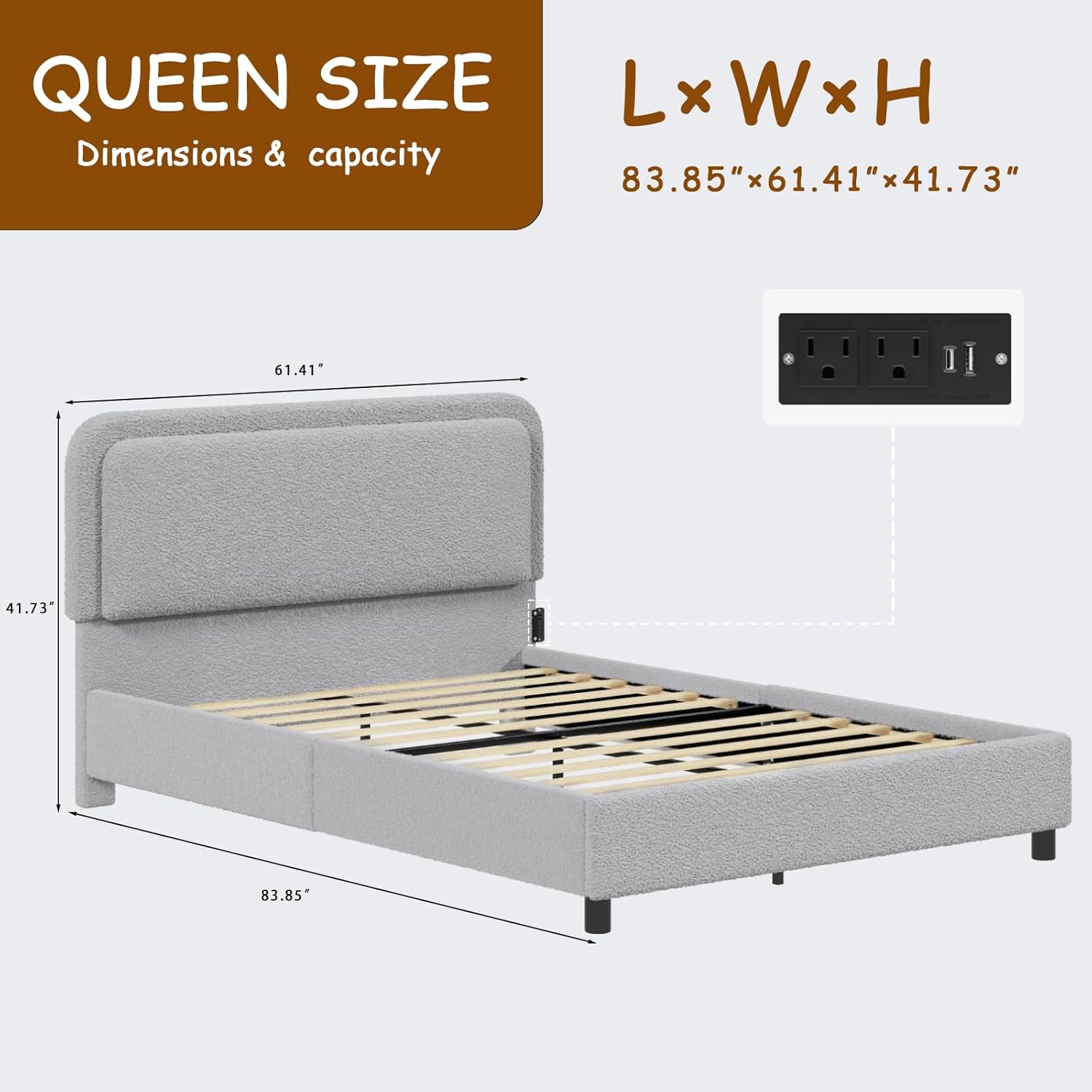 CollaredEagle Queen Size Boucle Bed Frame, Adjustable Rounded Corners Headboard with LED Lights, Upholstered Teddy Fabric Bed Frame with Charging Station, No Box Spring Required, Easy Assembly, Grey