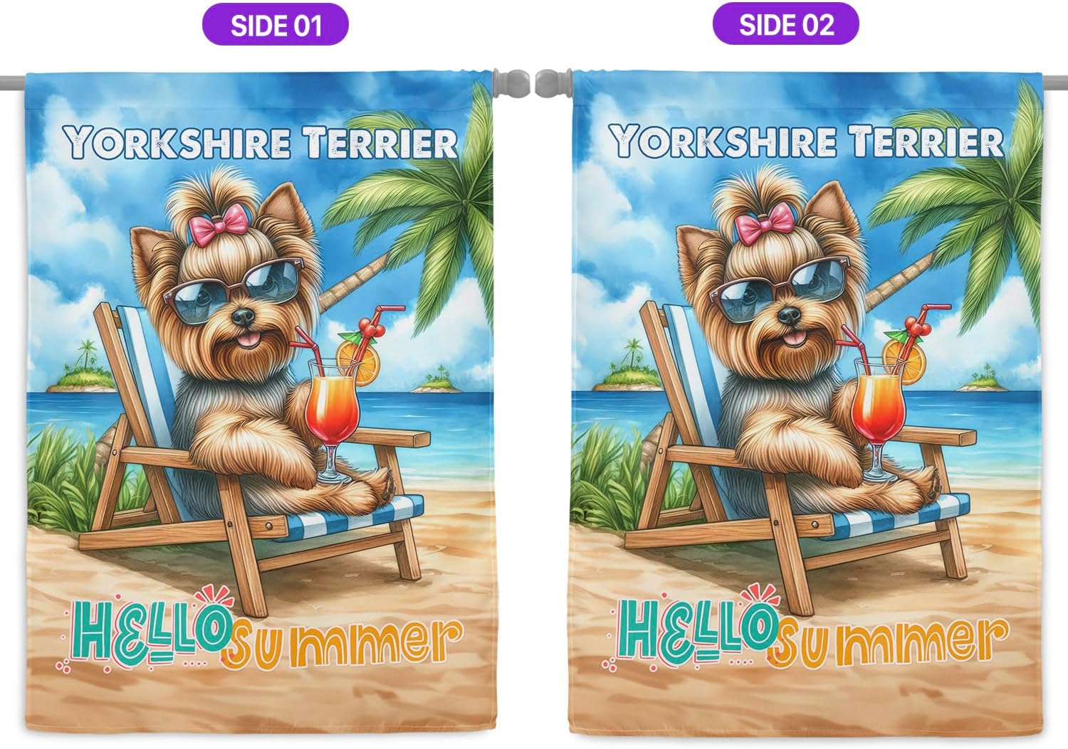 Personalized Custom Name Yorkshire Terrier Hello Summer Beach Theme with Sunglasses and Tropical Cocktail House Flag 28x40in Double Sided Yorkie Dog Lover Gifts Idea Outdoor Decor - 009