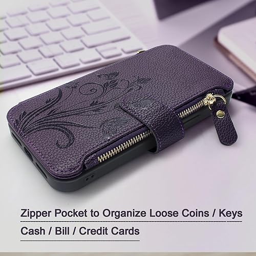 Miniatura 6 de Lacass Funda compatible con MagSafe para iPhone 15 Pro de 6.1 pulgadas, 3 tarjeteros con cremallera de piel, cierre magnético, correa de muñeca