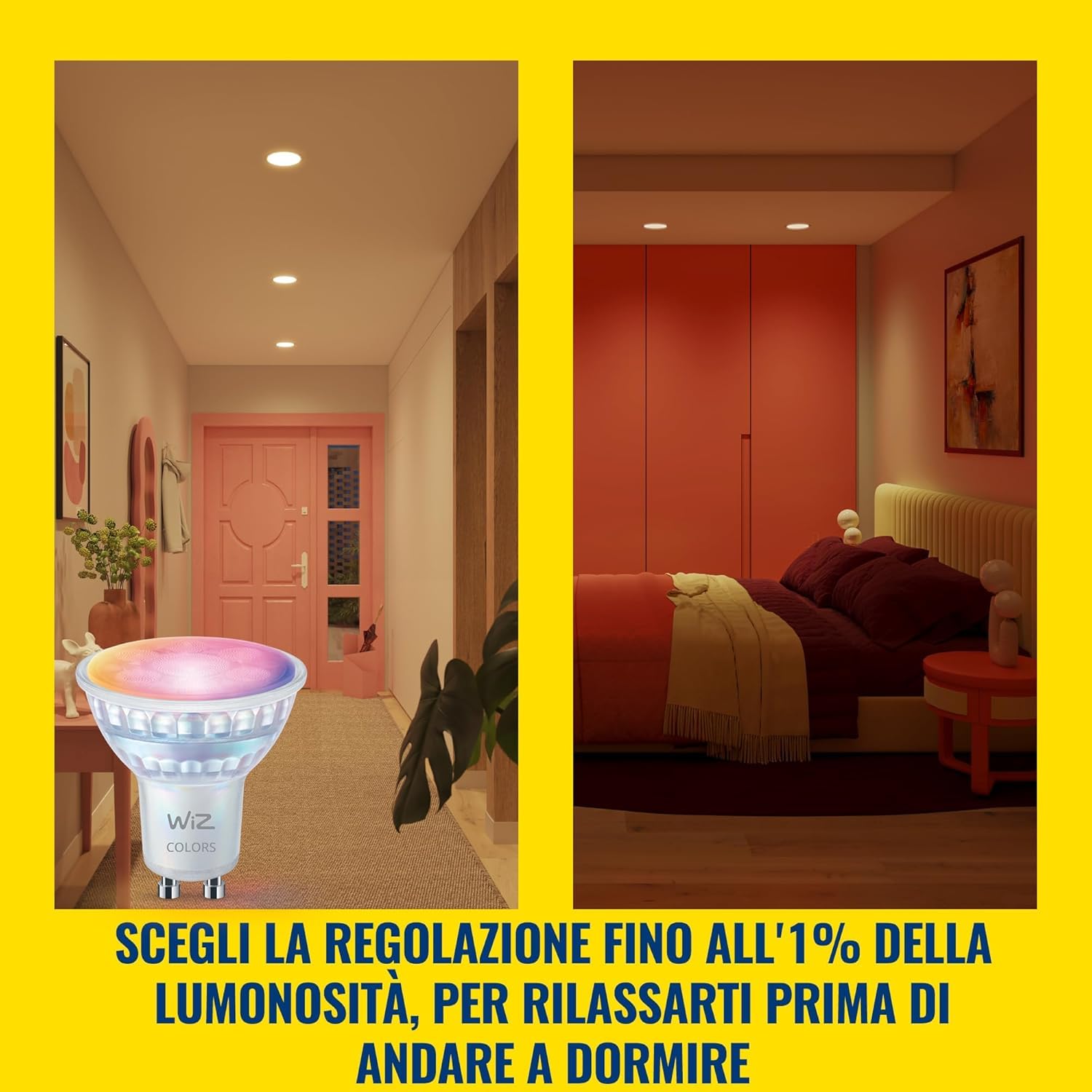 WiZ Faretto smart LED in vetro GU10, Confezione da 4 | Luce bianca e colorata, Equivalente 50 W, 2200-6500 K, 345 lm, Intensità regolabile, Smart Home, Compatibile con Alexa