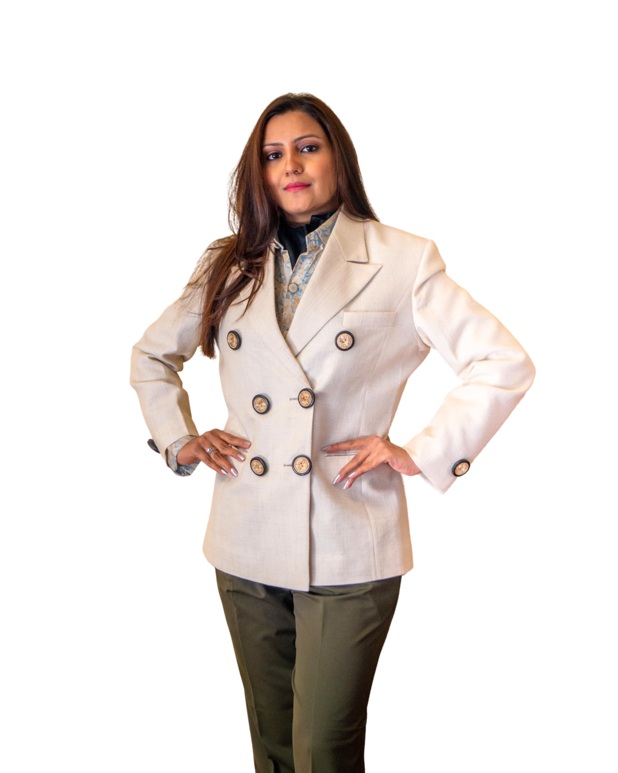 rajneel prithvisanyogita Women's Pashmina Double Breasted Blazer with Notched Lapel and Button Closure | Structured Outerwear | Full Sleeve Design | Classic Fit Jacket for Layering White-picture-54