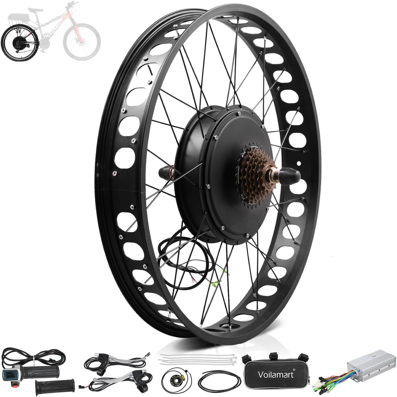 Voilamart48V 1000W Electric Bike Conversion Kit, 26" Fat Tire Rear Wheel ebike Motor Conversion Kit, e bike Cycling Hub with Intelligent Controller and PAS (48V 1000W Rear without LCD)