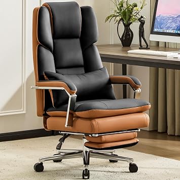 Furniliving Big and Tall Office Chair 500lbs,High Back Executive Leather Office Chair with Footrest,Wide Seat Reclining Desk Chair with Lumbar Support, Armrest, Black