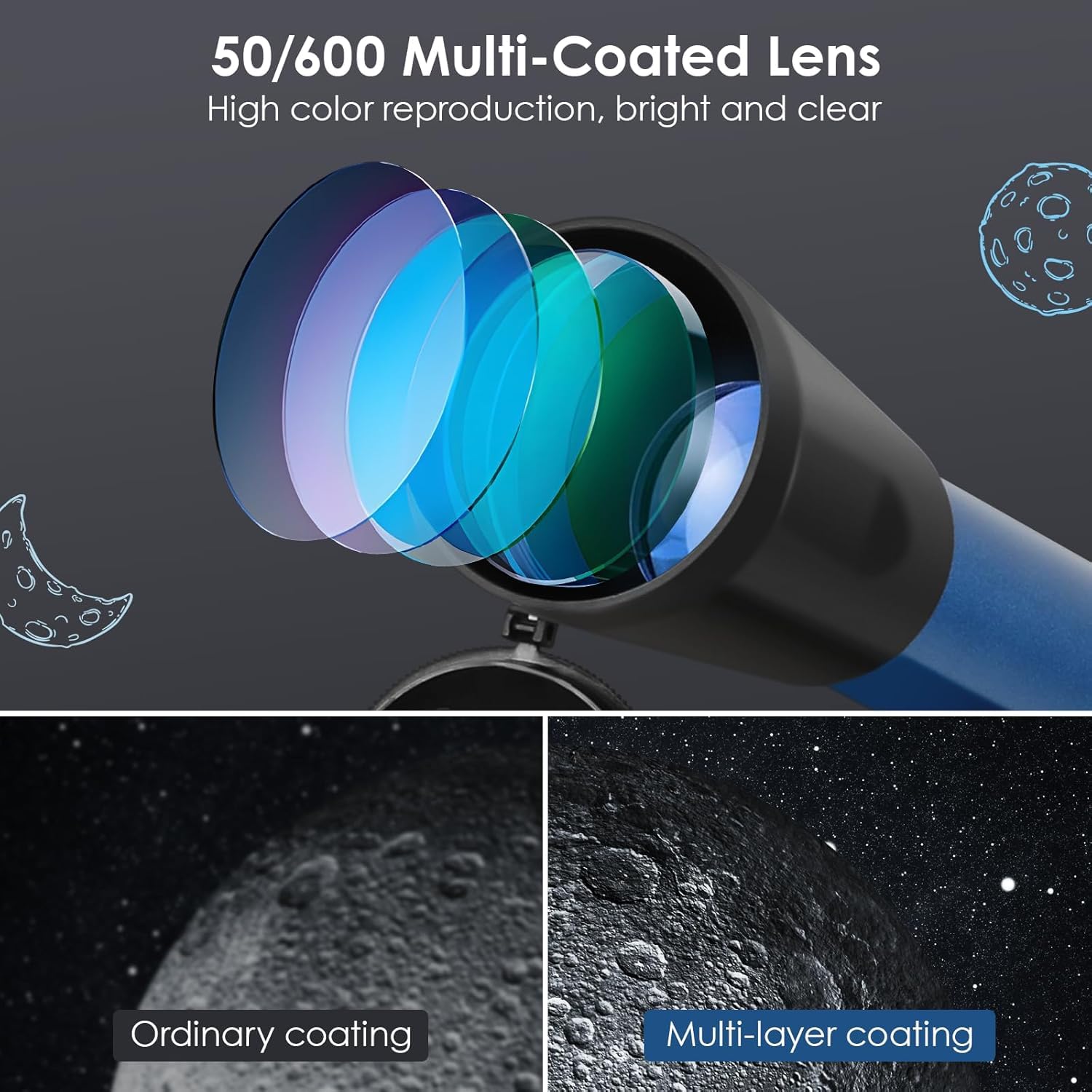 Cowiewie Telescopio F60050M/5, Ingrandimento 18x e 60x Telescopio Astronomico con Treppiede in Alluminio, Guarda la Luna, Regali di Natale Compleanno per Bambini