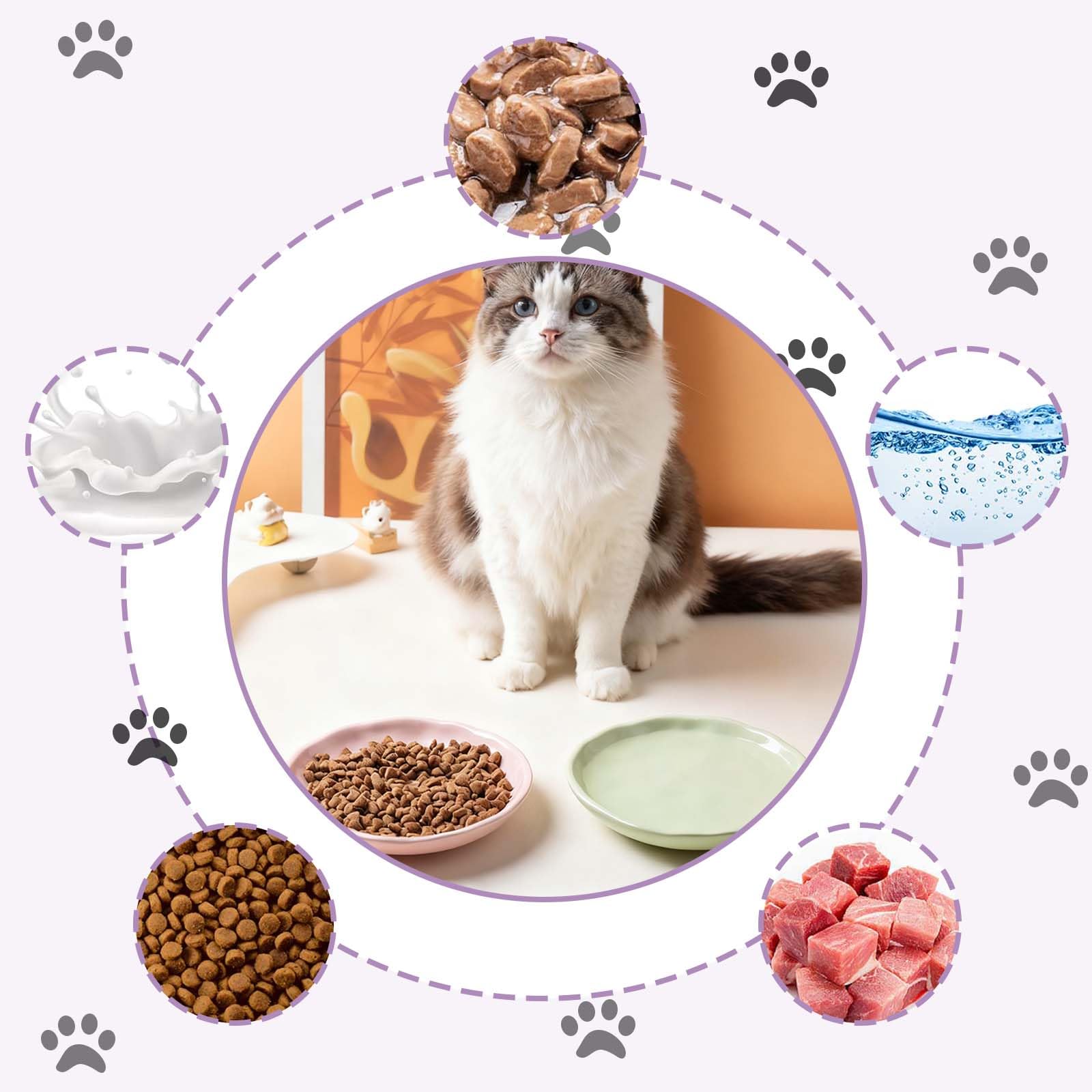 Set di ciotole per gatti in ceramica, 5 pezzi di ciotole per gatti, ciotola per cibo per gatti con fondo antiscivolo in silicone, piatto per gatti in ceramica, ciotole piatte, per gatti, gattini e